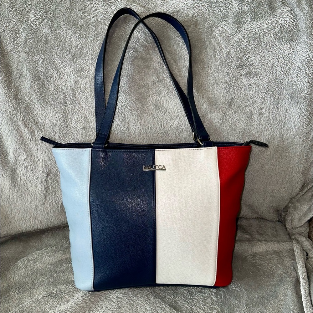 Nautica Blue and White Tote Bag with Color-Block Design